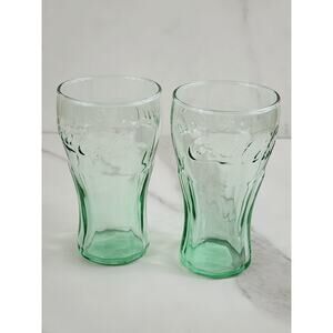 Coca Cola Coke Green Mini Glass 6.25 oz Drinking Glasses 4 1/4" Logo Embossed x2